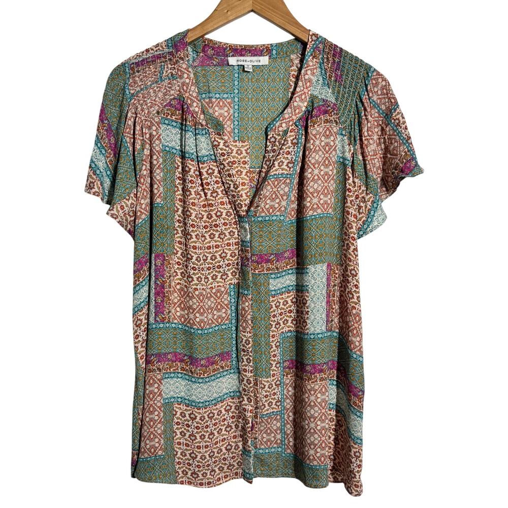 Rose + Olive Patchwork Boho Floral Print Blouse Top Women 1X Plus Size Button Up